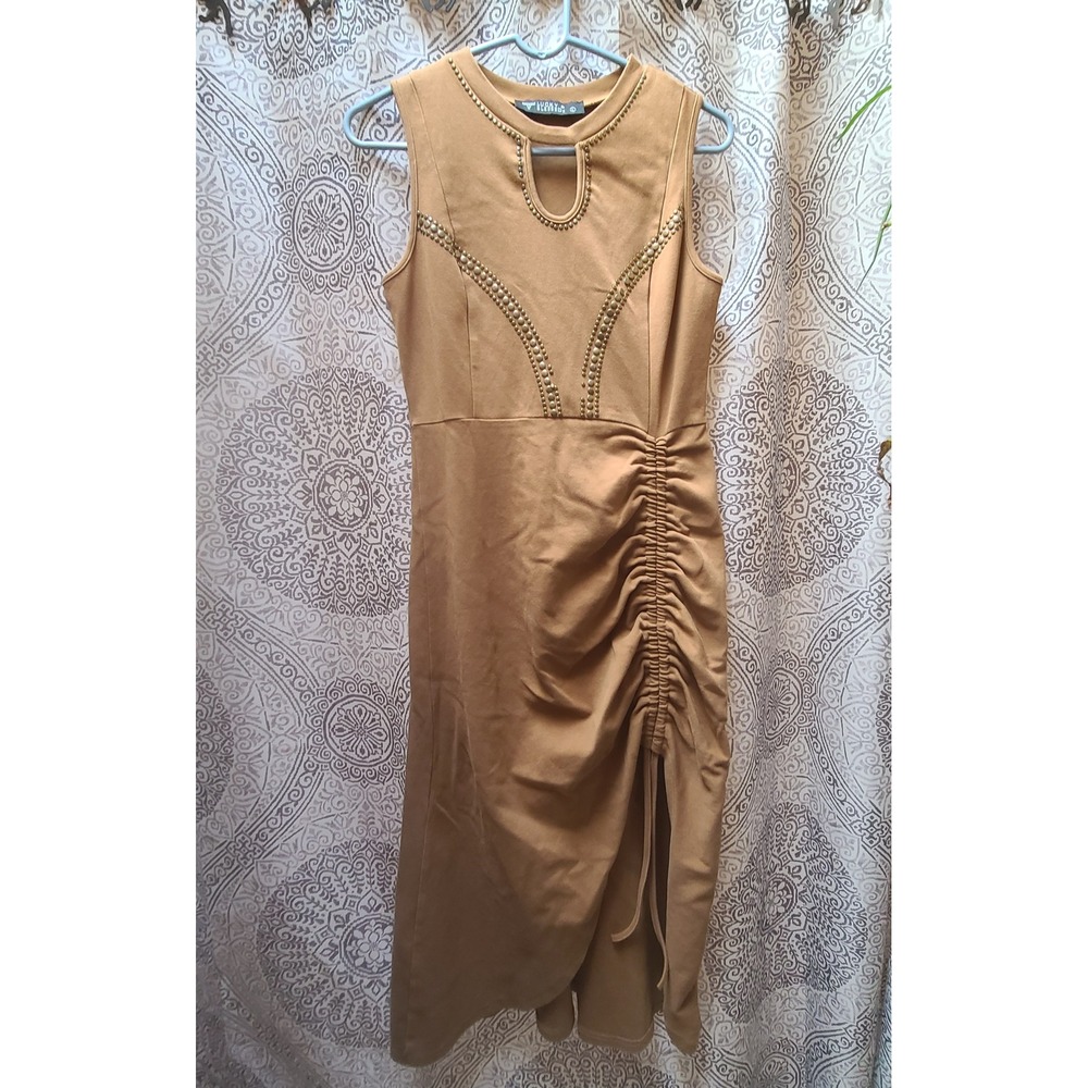 Lucky & Blessed Dress Women Large Tan Studded Keyhole Western Costume Sleeveless